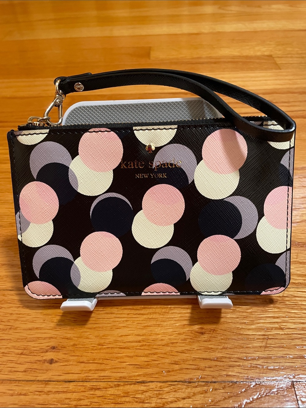 Kate Spade Black Multi Dot Wristlet Pouch Pink & Cream Circles